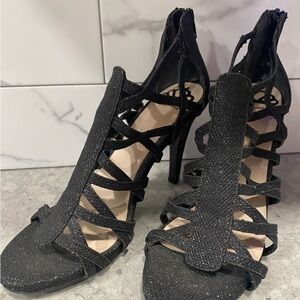 FERGALICIOUS by FERGIE size 8.5 Shimmer Black Sexy 4” Strappy Heels